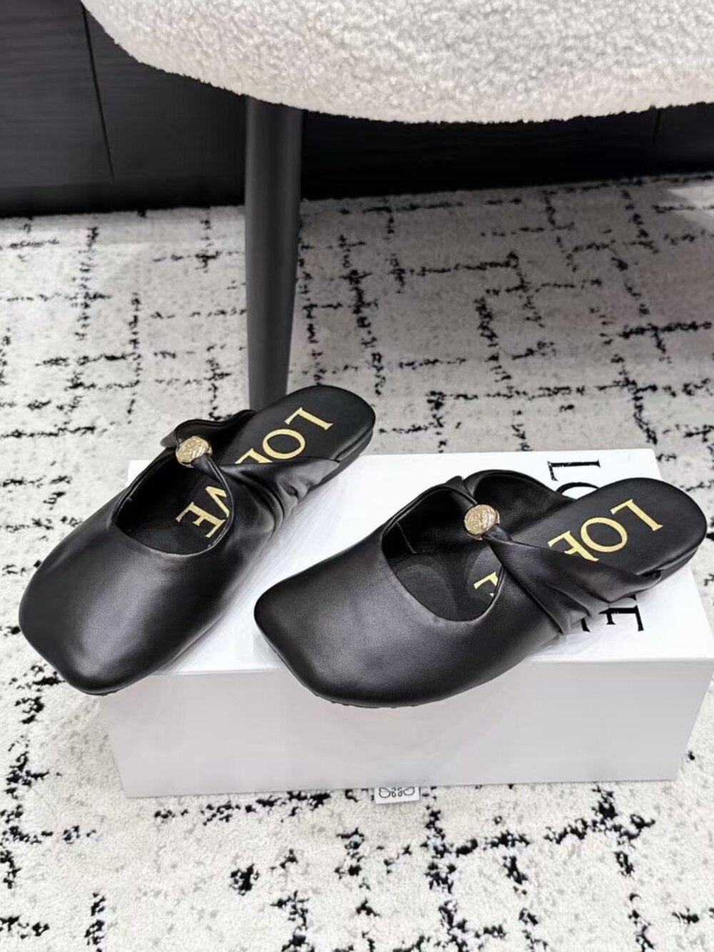 Loewe Black Leather Mary Jane Mules Gold Button Detail